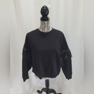 ZARA Women's Black Sweatshirt With Fringes Back & Arms Sz Medium